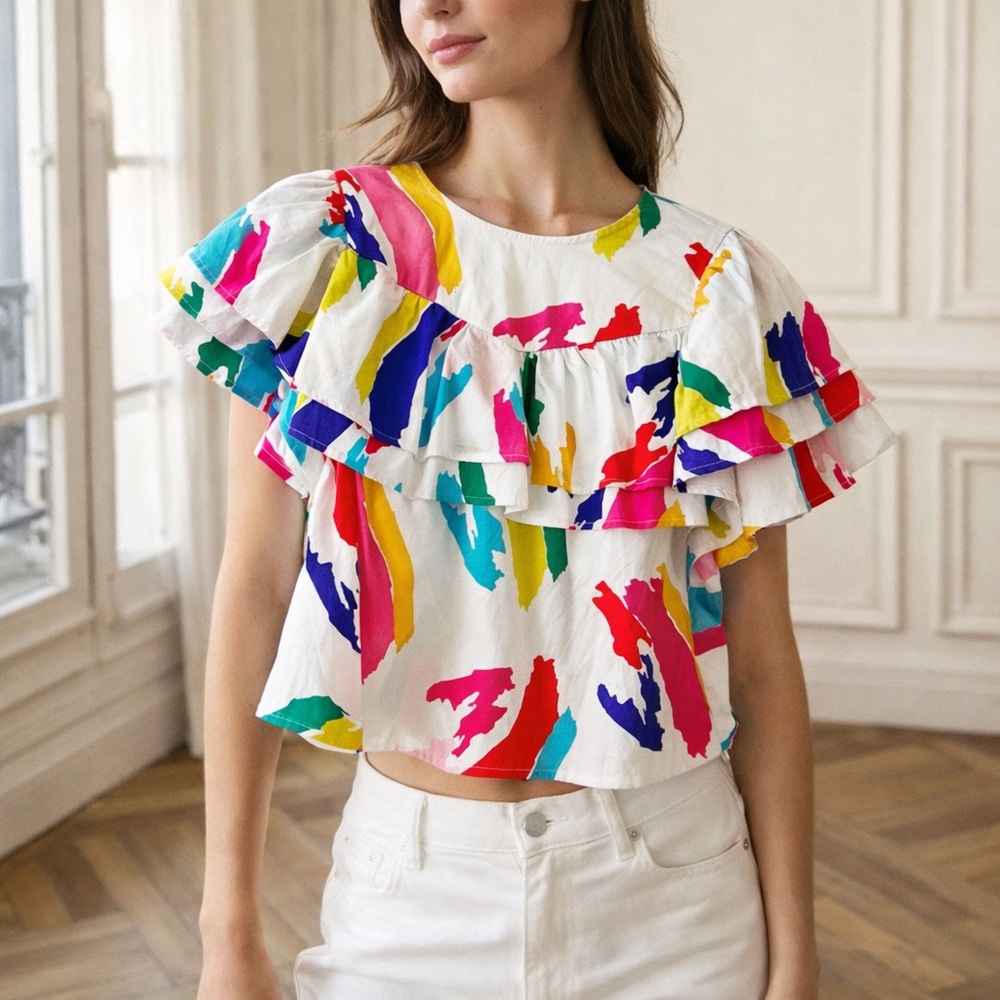 Crosby by Mollie Burch Marian Multicolor Abstract Ruffle Printed Top